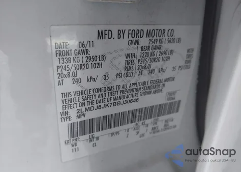 2011 Lincoln Mkx из США, поврежденный, VIN 2LMDJ8JK7BBJ30646